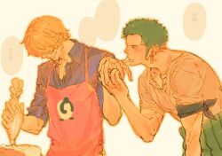 Rule 34 | 2boys, apron, beard, blonde hair, blue shirt, colored skin, commentary request, cooking, earrings, facial hair, flustered, food, green hair, haramaki, highres, holding hands, jewelry, licking, licking finger, looking at another, male focus, mature male, multiple boys, one piece, pastry, pastry bag, pink apron, roronoa zoro, sanji (one piece), shirt, short hair, single earring, smile, teeth, white background, white shirt, white skin, yaoi, ynnn m