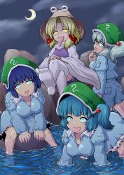 Rule 34 | 4girls, absurdres, all fours, aqua eyes, bespectacled, blonde hair, blue eyes, blue hair, breasts, clone, crescent moon, dark haired kappa, extra, female focus, glasses, glasses kappa, glowing, glowing eyes, hair bobbles, hair ornament, has bad revision, has downscaled revision, hat, highres, kappa mob (touhou), kawashiro nitori, large breasts, md5 mismatch, moon, moriya suwako, multiple girls, open mouth, pyonta, resolution mismatch, short hair, souki lankni, source smaller, submerged, thighhighs, tongue, touhou, twintails, two side up, wading, water, wet, white thighhighs, yellow eyes, zeroemon, zettai ryouiki