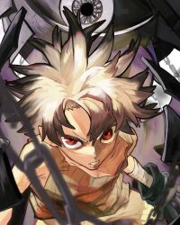 Rule 34 | 1boy, bandaged arm, bandages, chain, colored tips, from above, gachiakuta, gloves, grey tank top, highres, looking at viewer, multicolored hair, parted lips, red eyes, rudo surebrec, sharp teeth, shirt, short hair, sokora hen, solo, spiked hair, tank top, teeth, two-tone hair, white shirt
