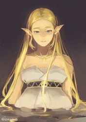 Rule 34 | 1girl, absurdres, bare shoulders, blonde hair, commentary request, dress, eorinamo, forehead, green eyes, half-closed eyes, highres, jewelry, korean commentary, long hair, necklace, nintendo, parted lips, partially submerged, pointy ears, princess zelda, sidelocks, sleeveless, sleeveless dress, solo, strapless, strapless dress, the legend of zelda, the legend of zelda: breath of the wild, twitter username, very long hair, white dress