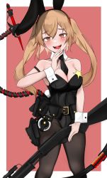 Rule 34 | 1girl, absurdres, alternate costume, ammunition belt, animal ears, arm up, bare shoulders, between breasts, black leotard, black necktie, black pantyhose, blonde hair, blush, breasts, cleavage, collarbone, cuffs, fake animal ears, feet out of frame, fte (fifteen 199), girls&#039; frontline, gun, handcuffs, highres, holding, holding gun, holding weapon, holster, leotard, long hair, looking at viewer, m870 (girls&#039; frontline), medium breasts, necktie, necktie between breasts, open mouth, orange eyes, pantyhose, playboy bunny, pump action, rabbit ears, remington 870, shotgun, simple background, smile, solo, standing, tactical playboy bunny, teeth, twintails, upper teeth only, weapon