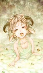 Rule 34 | 1girl, absurdres, androgynous, animal ears, bare shoulders, blue eyes, brown hair, collarbone, commentary request, curled horns, grey background, highres, horns, looking at viewer, nina (maurururoa), open mouth, original, shards, short hair, solo, stone, tank top, teeth, tongue, tongue out, upper body, upper teeth only, white tank top, wool
