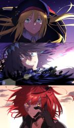 Rule 34 | 1boy, 2girls, absurdres, artoria caster (fate), artoria caster (second ascension) (fate), artoria pendragon (fate), black bow, black gloves, black hair, black scrunchie, black shirt, blonde hair, blouse, blue capelet, blue eyes, blue headwear, bow, capelet, cloak, closed mouth, commentary request, diamond hairband, evil smile, fangs, fate/grand order, fate (series), floating hair, fujimaru ritsuka (female), fujimaru ritsuka (female) (polar chaldea uniform), fur-trimmed cloak, fur trim, gloves, glowing, glowing eye, gold trim, green eyes, hair between eyes, hair bow, hair ornament, hair scrunchie, hand on own face, hat, highres, house tag denim, korean commentary, long hair, long sleeves, looking at viewer, multiple girls, oberon (fate), oberon (third ascension) (fate), orange eyes, orange hair, polar chaldea uniform, ponytail, scrunchie, shirt, short hair, side ponytail, sidelocks, sky, smile, spoilers, teeth, twintails, twitter username, uniform, very long hair, white shirt