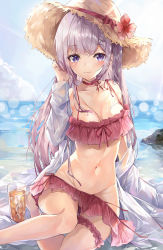 Rule 34 | 1girl, adjusting hair, beach, bikini, blue sky, blush, breasts, cleavage, coat, commentary, feet out of frame, frilled bikini, frills, glass, gradient hair, hat, hat ribbon, highres, ice, iced tea, light purple hair, matutoki nara05, medium breasts, multicolored hair, ocean, open clothes, open coat, original, outdoors, partially submerged, purple eyes, red bikini, red hair, red ribbon, ribbon, rock, sidelocks, sitting, sky, smile, solo, straw hat, swimsuit, white coat