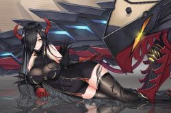 Rule 34 | 1girl, azur lane, bare shoulders, black hair, black thighhighs, breasts, friedrich der grosse (azur lane), gloves, hair over one eye, highres, horns, large breasts, long hair, looking at viewer, lying, minoshi, on side, red gloves, red horns, reflection, rigging, smile, solo, thighhighs, very long hair, yellow eyes