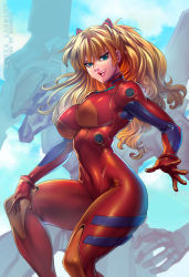 Rule 34 | 1girl, :d, aged up, alternate breast size, alternate hair color, artist name, blue eyes, bodysuit, bokuman, bracer, breasts, character name, cloud, covered navel, curvy, day, eva 02, from side, gloves, hair between eyes, hair ornament, hip focus, large breasts, long hair, looking at viewer, mecha, neon genesis evangelion, open mouth, orange hair, outdoors, pilot suit, plugsuit, robot, shiny clothes, skin tight, sky, smile, solo, souryuu asuka langley, thighs, turtleneck, wavy hair