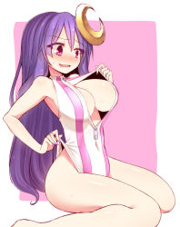 Rule 34 | 1girl, barefoot, blush, breasts, center opening, cleavage cutout, clothing cutout, competition swimsuit, crescent, crescent hair ornament, female focus, front zipper swimsuit, hair ornament, kuresento, large breasts, long hair, meme attire, nail polish, no headwear, one-piece swimsuit, open mouth, patchouli knowledge, pink hair, purple hair, simple background, sitting, solo, striped clothes, striped one-piece swimsuit, sweat, sweatdrop, swimsuit, touhou, unzipped, vertical-striped clothes, vertical-striped one-piece swimsuit, zipper
