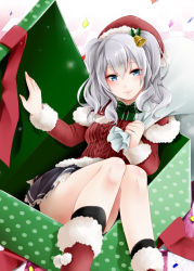 Rule 34 | 10s, 1girl, akatsuki hijiri, ankle boots, aran sweater, bell, black socks, blue eyes, blue skirt, blush, boots, bow, bowtie, box, cable knit, carrying over shoulder, checkered floor, confetti, fur trim, green bow, green bowtie, hair bell, hair between eyes, hair ornament, in box, in container, kantai collection, kashima (kancolle), long sleeves, looking at viewer, miniskirt, open box, over shoulder, red footwear, red ribbon, ribbon, sack, santa costume, short hair, silver hair, skirt, smile, socks, solo, sweater, thighs, two side up