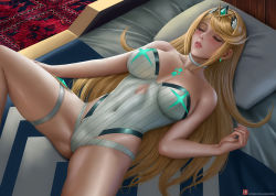 Rule 34 | 1girl, alexander dinh, bare shoulders, blonde hair, blush, breasts, chest jewel, choker, closed eyes, covered navel, earrings, hair spread out, jewelry, large breasts, leotard, lips, long hair, lying, mythra (radiant beach) (xenoblade), mythra (xenoblade), on back, one-piece swimsuit, parted lips, pillow, sleeping, solo, spread legs, strapless, strapless leotard, strapless one-piece swimsuit, swept bangs, swimsuit, thigh strap, tiara, very long hair, xenoblade chronicles (series), xenoblade chronicles 2