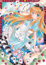 Rule 34 | 1girl, acrylic paint (medium), alice (alice in wonderland), alice in wonderland, apron, aqua dress, bad id, bad pixiv id, blonde hair, blue eyes, book, bow, card, clock, cup, cupcake, dress, food, frills, hair bow, highres, light smile, long hair, looking at viewer, painting (medium), pantyhose, playing card, pocket watch, pom77, puffy short sleeves, puffy sleeves, rabbit, roman numeral, short sleeves, solo, striped clothes, striped pantyhose, tail, thighhighs, traditional media, watch