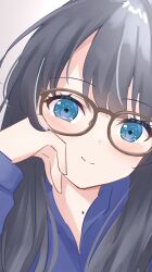 Rule 34 | 1girl, absurdres, black hair, blue eyes, blue shirt, blush, brown-framed eyewear, close-up, closed mouth, commentary, glasses, hand on own cheek, hand on own face, highres, link! like! love live!, long hair, long sleeves, looking at viewer, love live!, mole, mole on neck, murano sayaka, selfie, shirt, smile, solo, split mouth, virtual youtuber, white background, yutuki ame