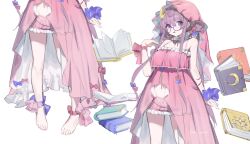Rule 34 | 1girl, alternate costume, ankle ribbon, bare shoulders, barefoot, bloomers, blue ribbon, book, crescent, crescent hair ornament, glasses, hair ornament, highres, leg ribbon, looking at viewer, navel, nemo (leafnight), nightgown, patchouli knowledge, pink bloomers, pink headwear, pink nightgown, pink ribbon, purple-framed eyewear, purple eyes, purple hair, ribbon, simple background, sketch, solo, standing, touhou, underwear, veil, white background, wrist ribbon