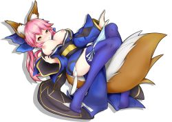 Rule 34 | 1girl, absurdres, animal ear fluff, animal ears, blue kimono, blue ribbon, blue thighhighs, blush, breasts, breasts out, cleavage, fate/extella, fate/extra, fate/extra ccc, fate/grand order, fate (series), fox ears, fox girl, fox tail, hair ribbon, highres, japanese clothes, kimono, large breasts, nepsuka (hachisuka), nipples, no bra, panties, pink hair, puffy nipples, ribbon, simple background, solo, striped clothes, striped panties, tail, tamamo (fate), tamamo no mae (fate/extra), thighhighs, underwear, white background, yellow eyes