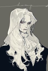 Rule 34 | 1boy, castlevania (series), colored skin, ascot, dracula (castlevania), fangs, fangs out, grey background, long hair, looking at viewer, male focus, pigeon666, scar on mouth, signature, solo, upper body, white hair, white skin, yellow eyes