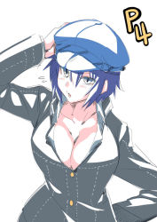 Rule 34 | 1girl, alternate breast size, blue eyes, blue hair, blush, breasts, cabbie hat, cleavage, hat, large breasts, looking at viewer, open mouth, persona, persona 4, school uniform, shirogane naoto, short hair, simple background, solo, tukiwani, white background