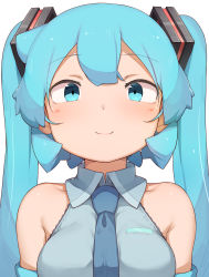 Rule 34 | 1girl, abmayo, aqua hair, bare shoulders, blush, commentary, grey shirt, hair ornament, hatsune miku, highres, long hair, looking at viewer, necktie, shiny skin, shirt, simple background, smile, solo, twintails, upper body, very long hair, vocaloid, white background