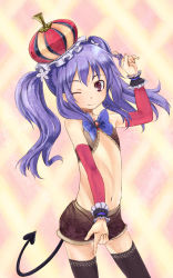 Rule 34 | 1girl, abe kanari, bare shoulders, black thighhighs, bow, crown, demon tail, detached sleeves, flat chest, twirling hair, highres, long hair, midriff, navel, one eye closed, original, pink eyes, purple hair, shorts, smile, solo, tail, thighhighs, twintails, wink, wrist cuffs