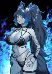 Rule 34 | 1girl, animal ear fluff, animal ears, arm tattoo, bikini, black bikini, black collar, black nails, blue eyes, blue fire, blue hair, breasts, chain, cleavage, collar, fire, fishnet gloves, fishnet top, fishnets, gloves, gradient hair, highres, indie virtual youtuber, large breasts, long hair, looking at viewer, multicolored hair, nail polish, ponytail, second-party source, skull tattoo, solo, spiked collar, spikes, spite (vtuber), swimsuit, tail, tattoo, thigh strap, virtual youtuber, wann!, wolf ears, wolf girl, wolf tail