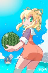 Rule 34 | 1boy, 1girl, artist name, ass, blonde hair, blue sky, closed mouth, cloud, commentary request, day, dress, food, from behind, fruit, green eyes, green ribbon, hair between eyes, hair ribbon, high ponytail, holding, holding food, looking at viewer, looking back, mega man (classic), mega man (series), mega man 9, outdoors, partially submerged, ponytail, red dress, ribbon, roll (mega man), shisui, short sleeves, signature, sky, smile, solo focus, splash woman, water, watermelon