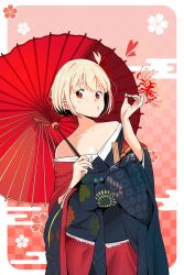 Rule 34 | 1girl, absurdres, bare shoulders, blonde hair, collarbone, flower, hair ornament, highres, japanese clothes, lycoris recoil, misskiwi, nishikigi chisato, patterned background, red eyes, short hair, spider lily, umbrella, upper body
