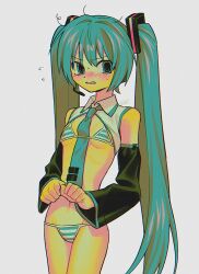 Rule 34 | 1girl, bikini, blue eyes, blue hair, blush, breasts, commentary, detached sleeves, hair ornament, hatsune miku, headset, highres, long hair, long sleeves, menma (enaic31), micro bikini, navel, necktie, nose blush, open mouth, small breasts, solo, striped bikini, striped clothes, sweat, swimsuit, symbol-only commentary, twintails, very long hair, vocaloid