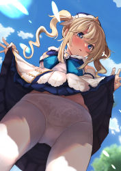 Rule 34 | 1girl, barbara (genshin impact), blonde hair, blue eyes, blue sky, blush, bow, bowtie, clothes lift, cross, dress, drill hair, from below, genshin impact, highres, kobiemon, latin cross, lifted by self, looking at viewer, panties, panties under pantyhose, pantyhose, see-through, skirt, skirt lift, sky, solo, thighs, twin drills, twintails, underwear, upskirt, white dress, white panties, white pantyhose