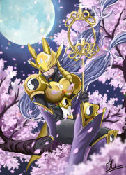 Rule 34 | 1girl, animal ears, armor, belt, black gloves, bodysuit, breasts, cherry blossoms, closed mouth, commentary, covered eyes, crossed legs, detached sleeves, digimon, digimon (creature), facial mark, falling petals, floating hair, fox ears, fox mask, full moon, glint, gloves, hair ribbon, holding, holding staff, in tree, kou (xcws3487), large breasts, lens flare, lipstick, long hair, low twintails, makeup, mask, moon, night, petals, purple sleeves, ribbon, sakuyamon, shoulder armor, signature, sitting, sitting in tree, solo, staff, tree, twintails, very long hair, white ribbon, yellow armor, yin yang, yin yang print