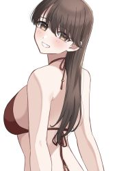 Rule 34 | 0-toki, 1girl, back, bikini, breasts, brown eyes, brown hair, eyes visible through hair, from behind, grin, highres, large breasts, looking at viewer, looking back, original, red bikini, simple background, smile, solo, swept bangs, swimsuit, upper body, white background