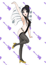 Rule 34 | 00s, 1girl, akiyama mio, alternate hairstyle, arm up, black hair, blush, breasts, dancer, fishnet thighhighs, fishnets, full body, hair bun, high heels, jewelry, k-on!, looking at viewer, medium breasts, open mouth, purple eyes, short hair with long locks, sideboob, simple background, smile, solo, standing, thighhighs, tsukkun, white background