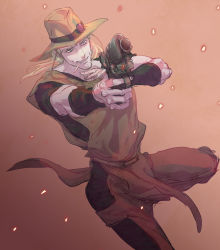 Rule 34 | aiming, bad id, bad pixiv id, blonde hair, blue eyes, cigarette, cowboy hat, emperor (stand), gradient background, gun, hat, hol horse, jojo no kimyou na bouken, kamonisi, male focus, smile, solo, stand (jojo), weapon, wristband