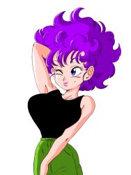 Rule 34 | 1girl, arm behind head, arm up, armpits, bare arms, bare shoulders, black tank top, blue eyes, breasts, closed mouth, cowboy shot, curly hair, dragon ball, dragon ball (classic), eyelashes, female focus, green pants, happy, large breasts, lipstick, looking at viewer, makeup, medium hair, mole, mole under eye, one eye closed, pants, pink lips, purple hair, ranfan, sleeveless, smile, solo, standing, tank top, transparent background, wavy hair, wink, yamamoto doujin