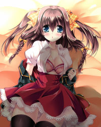 Rule 34 | 1girl, :o, black thighhighs, bra, breasts, brown eyes, brown hair, cleavage, highres, looking at viewer, lying, on back, open clothes, open shirt, original, parted lips, pink bra, pov, puffy short sleeves, puffy sleeves, sakurano ru, school uniform, shade, shadow, shirt, short sleeves, thigh gap, thighhighs, underwear