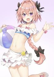 Rule 34 | 1boy, astolfo (fate), astolfo (sparkling frills) (fate), bikini, black bow, black ribbon, bow, bracelet, braid, fang, fate/apocrypha, fate/grand order, fate (series), frilled swimsuit, frills, hair intakes, hair ribbon, highres, jewelry, kusumoto touka, long braid, long hair, male focus, multicolored hair, off-shoulder bikini, off shoulder, official alternate costume, pink hair, ribbon, single braid, solo, streaked hair, swimsuit, trap, very long hair