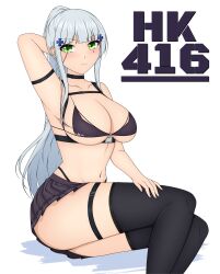 Rule 34 | 1girl, absurdres, arm behind head, arm up, armpits, bare arms, bare shoulders, bikini, bikini top only, black skirt, black thighhighs, breasts, character name, collarbone, commentary, facial mark, feet out of frame, fnzz, girls&#039; frontline, green eyes, grey hair, highres, hk416 (girls&#039; frontline), large breasts, looking at viewer, miniskirt, navel, pleated skirt, ponytail, simple background, sitting, skirt, solo, stomach, swimsuit, thigh strap, thighhighs, thighs, white background