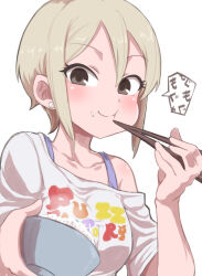 Rule 34 | 1girl, black eyes, blush, bowl, bra strap, breasts, chopsticks, closed mouth, collarbone, commentary, earrings, eating, food, food on face, gazacy (dai), grey hair, highres, holding, holding bowl, holding chopsticks, idolmaster, idolmaster cinderella girls, idolmaster cinderella girls starlight stage, jewelry, looking at viewer, medium breasts, print shirt, rice, shiomi syuko, shirt, short hair, short sleeves, simple background, single bare shoulder, single off shoulder, smile, solo, speech bubble, steam, text print, translated, upper body, white background, white shirt
