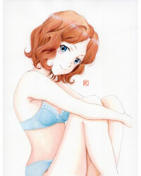 Rule 34 | 1girl, artist name, bare shoulders, blue bra, blue eyes, blush, bob cut, bow, bow bra, bra, breasts, brown hair, cleavage, closed mouth, commentary, dated commentary, from side, hugging own legs, knees up, lingerie, looking at viewer, looking to the side, loose hair strand, midriff, painting (medium), panties, parted bangs, short hair, signature, simple background, sitting, small breasts, smile, solo, toaru kagaku no railgun, toaru majutsu no index, traditional media, underwear, underwear only, wannai kinuho, watercolor (medium), wavy hair, white background, y takeshinu wan