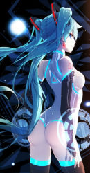 Rule 34 | 1girl, ass, back, bare shoulders, black thighhighs, blue eyes, blue hair, breasts, bridal gauntlets, earrings, hair ornament, hatsune miku, jewelry, leotard, long hair, looking at viewer, looking back, matching hair/eyes, qys3, sideboob, small breasts, smile, solo, tattoo, thighhighs, twintails, very long hair, vocaloid