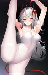 Rule 34 | 1girl, absurdres, alternate costume, alternate hair length, alternate hairstyle, antenna hair, arknights, armpits, arms up, ateoyh, black background, black choker, blush, breasts, choker, cleavage, closed mouth, collarbone, covered navel, demon girl, demon horns, demon wings, gradient background, grey background, grey hair, highres, horns, leg up, leotard, long hair, looking at viewer, multicolored hair, pantyhose, photoshop (medium), red hair, solo, split, standing, standing on one leg, standing split, strapless, strapless leotard, thighband pantyhose, two-tone hair, very long hair, w (arknights), white leotard, wings, yellow eyes