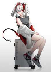 Rule 34 | 1girl, :p, arknights, black shirt, breasts, clothes down, commentary, demon girl, demon horns, demon tail, full body, grey socks, highres, horns, jacket, long sleeves, looking at viewer, luggage, medium breasts, medium hair, multicolored hair, red eyes, red hair, rolling suitcase, shirt, shoes, silver hair, sitting, sleeveless, sleeveless shirt, sneakers, socks, solo, streaked hair, suitcase, tail, tongue, tongue out, w (arknights), white background, white footwear, white jacket, yuuki mix