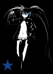 Rule 34 | 10s, 1girl, black rock shooter, black rock shooter (character), blue eyes, breasts, chain, glowing, glowing eye, hand in pocket, jacket, jadf, long hair, monochrome, navel, small breasts, solo, twintails, uneven twintails, unzipped, very long hair