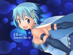 Rule 34 | 1girl, 2021, :d, armpit crease, arms at sides, bare shoulders, blue background, blue eyes, blue hair, blue theme, breasts, cape, character name, commentary, dated, detached sleeves, dot nose, english commentary, english text, facing viewer, floating hair, fortissimo, frills, gloamy, hair ornament, hairclip, heart, highres, looking afar, looking back, mahou shoujo madoka magica, mahou shoujo madoka magica (anime), miki sayaka, musical note, musical note hair ornament, open mouth, polka dot, polka dot background, shiny skin, short hair, shoulder blades, sideboob, simple background, small breasts, smile, solo, strapless, tareme, upper body, v-shaped eyebrows, white cape