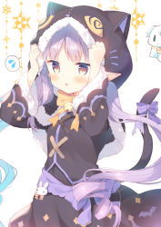 Rule 34 | 1girl, :o, animal ears, animal hood, arms up, bell, black capelet, black jacket, black skirt, blush, bow, brown eyes, capelet, cat ears, cat girl, cat hood, cat tail, commentary request, fake animal ears, flying sweatdrops, fur-trimmed capelet, fur-trimmed hood, fur-trimmed sleeves, fur trim, hood, hood up, hooded capelet, jacket, jingle bell, kyouka (halloween) (princess connect!), kyouka (princess connect!), long hair, long sleeves, looking at viewer, low twintails, orange bow, parted lips, pointy ears, princess connect!, purple bow, purple hair, skirt, solo, spoken flying sweatdrops, tail, tail bow, tail ornament, twintails, very long hair, white background, wide sleeves, yuizaki kazuya