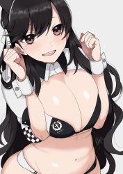 Rule 34 | 1girl, atago (azur lane), atago (stunning speedster) (azur lane), azur lane, bikini, black hair, blush, breasts, breasts squeezed together, brown eyes, commentary request, copyright name, grey background, highres, large breasts, long hair, looking at viewer, mole, mole under eye, navel, open mouth, race queen, shirasu uni, simple background, solo, swimsuit, upper body, wrist cuffs