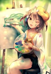 Rule 34 | 1girl, absurdres, animal ears, artist painter, beret, black shorts, blouse, brown hair, canvas (object), collarbone, commentary, dragalia lost, drawing, english commentary, fleur (fleur26192188), hair tubes, hat, highres, midgardsormr (dragalia lost), one eye closed, open mouth, paint, paintbrush, painting (action), painting (object), palette (object), rabbit ears, ryo-suzuki, shirt, short hair, shorts, sitting, smile, smock, solo, stool, thighs, tree, yellow eyes, yellow hat, yellow shirt