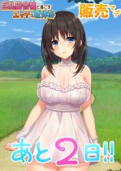 Rule 34 | 1girl, azuki yui, bare shoulders, black hair, blue eyes, blue sky, blush, breasts, choker, clenched hands, cloud, copyright request, covered collarbone, cowboy shot, dress, frilled choker, frilled dress, frilled wristband, frills, grass, large breasts, medium hair, mountainous horizon, parted lips, see-through, see-through dress, sky, solo, white choker, white dress, white wristband