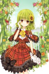 Rule 34 | 1girl, adapted costume, bad id, bad pixiv id, cape, flower, frilled skirt, frills, gloves, green hair, hair flower, hair ornament, hand in own hair, highres, kazami yuuka, looking at viewer, mayo (miyusa), plant, red eyes, shirt, skirt, skirt set, smile, solo, sunflower, touhou, vest, vines, white gloves