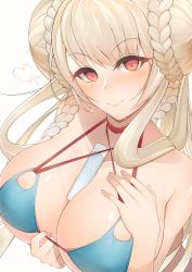 Rule 34 | 1girl, absurdres, azur lane, between breasts, bikini, bikini pull, bikini top only, blonde hair, breasts, chichikoucha, clothes pull, commentary, constricted pupils, double bun, eyelashes, formidable (azur lane), formidable (the lady of the beach) (azur lane), hair bun, hair ribbon, halterneck, hand on own chest, heart, highres, large breasts, long bangs, long hair, looking at viewer, official alternate costume, red eyes, ribbon, simple background, smile, solo, sweat, swimsuit, thick eyelashes, tress ribbon, upper body, v-shaped eyebrows, white background, ||/
