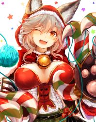 Rule 34 | 10s, 1girl, absurdres, animal ears, bell, breasts, candy, candy cane, christmas, claws, ears through headwear, erune, fangs, food, granblue fantasy, hat, highres, jingle bell, large breasts, looking at viewer, one eye closed, open mouth, orange eyes, santa hat, sen (granblue fantasy), silver hair, simple background, smile, solo, star (symbol), sukemyon, white background, yarn, yarn ball