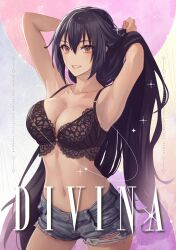 Rule 34 | 1girl, alternate costume, armpits, arms up, black bra, black hair, blurry, blurry background, bra, breasts, brown eyes, cleavage, collarbone, commentary request, contrapposto, cover, cover page, cowboy shot, cutoffs, denim, denim shorts, doujin cover, hair between eyes, hands in hair, highres, kantai collection, kasumi (skchkko), lace, lace-trimmed bra, lace trim, large breasts, long bangs, long hair, looking at viewer, nagato (kancolle), navel, no shirt, parted lips, shorts, smile, solo, underwear