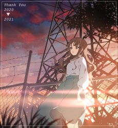 Rule 34 | 1girl, 2020, 2021, backlighting, barbed wire, brown eyes, brown hair, chain-link fence, cloud, cloudy sky, commentary request, feet out of frame, fence, grass, green skirt, hari611, highres, lens flare, long hair, long sleeves, looking away, open mouth, original, outdoors, skirt, sky, solo, sunset, sweater, sweater tucked in, thank you, transmission tower, tree, turtleneck, turtleneck sweater, white sweater
